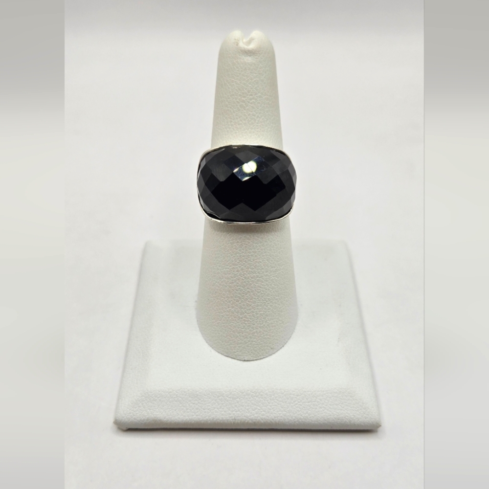 HEAVY Black Onyx Faceted Sterling Silver Ring Size 7